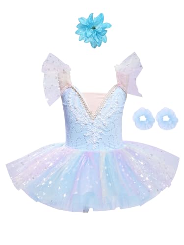 Fldy Vestido de ballet para niña con bordado de flores, vestido de baile, maillot con purpurina, tutú, falda de ballet para niños, gimnasia, bailarina, azul claro, 134-140