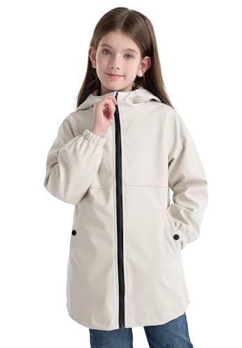 Image of SOLOCOTE Girls Rain Jacket Waterproof & Windproof Hooded Rubber RainCoats for kids (Size 5-14Y),SLN2112-White-7-8Y