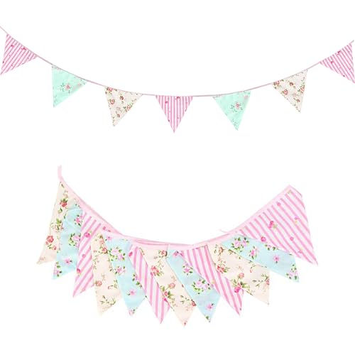 Image of Zwiebeco 32Ft Pink Blue Floral Fabric Pennant Banner Bunting Cotton Flower Triangle Flag Decoration for Birthday Wedding Engagement Bridal Baby Shower Tea Party Spring Rustic Village Home Garden Decor