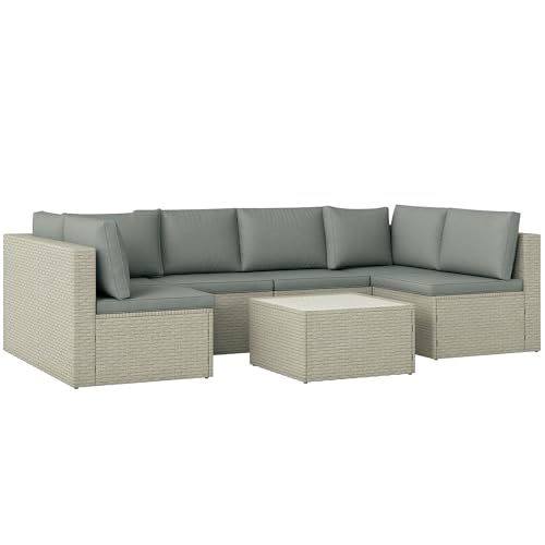 Outsunny Salon de Jardin extérieur modulable 6 Personnes en résine tressée, Salon de Balcon avec canapés et Table Basse en Verre trempé Coussins déhoussables...