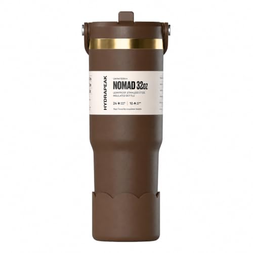 Hydrapeak Nomad 32oz Tumbler with Handle and Straw Lid, Scallop Silicone Boot, Gold Trim, Leakproof, Double Insulated Stainless Steel Cup (Espresso)