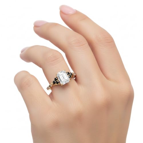 Image of Choose Your Gemstone Emerald Cut Petite Cathedral Diamond CZ Ring Yellow Gold Plated Emerald Shape Petite Engagement Rings for Women, Girls and Ladies US Size 4 to 12