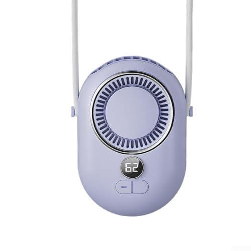 JGmotorfi Ventilador portátil manos libres con 3 velocidades de viento, pantalla LED, batería de larga duración, dispositivo de refrigeración ligero para aventuras en interiores y exteriores (morado