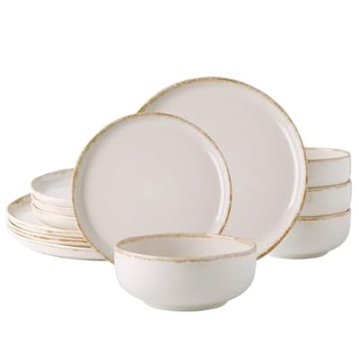 AmorArc Ceramic Dinnerware Sets, Wavy Rim Stoneware Plates and Bowls Sets, Highly Chip and Crack Resistant | Dishwasher & Microwave Dishes set, Service for 4 (12pc)-Speckled Cappuccino