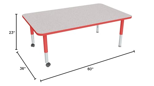 Image of Sprogs Adjustable Height Mobile Classroom Activity Table for Preschools, Rectangle Preschool Activity Table with Casters, 36 inchD x 60 inchW x 23 inchH, Gray /Red