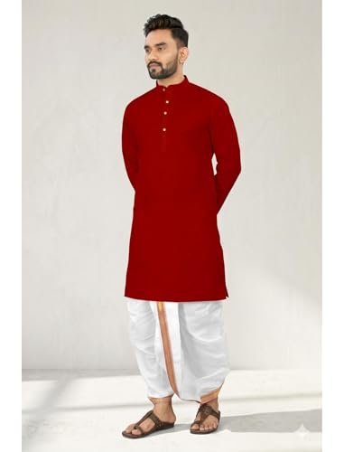 Image of UNIQUE MOMENTS Men's Cotton Dhoti Kurta Set with Full Sleeves Solid Pattern Modern Style and Mandarin Collar Neck | Perfect for Puja & Celebrations