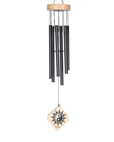 Image of 6 Pipe Aluminum & Wood Wind Chimes for Home Positive Energy - Black | Deep Tone Outdoor Wind Chime | Garden & Balcony Decor | Hanging Bell for Peace & Harmony