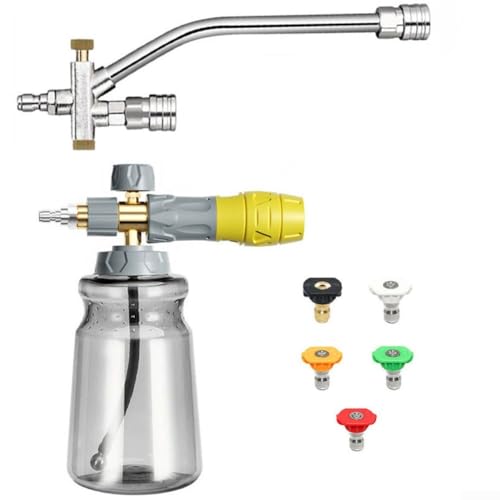Yuanpgky Pulvérisateur à mousse portable pour nettoyeur haute pression avec double connecteur et valve bidirectionnelle, flacon de 1000 ml, buse en acier inoxydable et laiton, compatible avec la lance