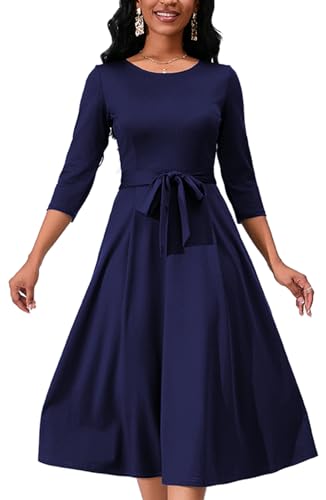 Image of PerZeal Women's Caual Midi Dress 3 /4 Sleeve Crewneck A-line Swing Dress for Women with Belt for Wedding Guest & Cocktail Party Navy Medium
