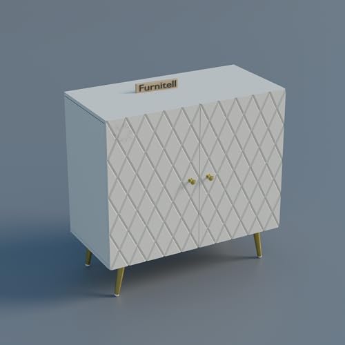 Image of Modern Wooden Storage Cabinet with 2 Doors | Geometric Design Sideboard /Cupboard for Living Room | Multipurpose Organizer for Bedroom & Entryway | HDMR Premium Wood | Gold Metal Legs(White)