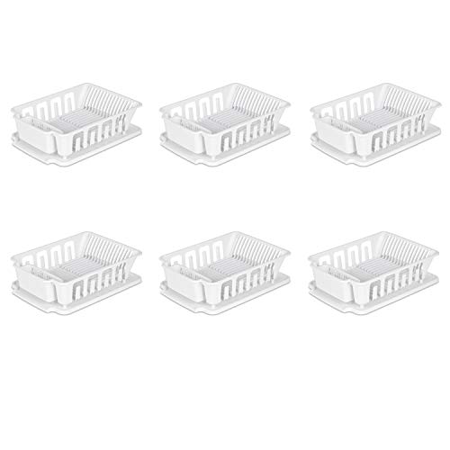 Sterilite Large 2 Piece Sink Set, with Drainboard for Drying, Holds Clean Dishes in the Kitchen such as Plates, Cups, and Silverware, White, 6-Pack