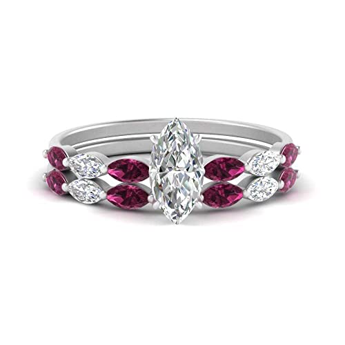 Image of 55Carat Choose Your Gemstone Single Prong Marquise Diamond CZ Ring and Band Sterling Silver Marquise Shape Wedding Ring Sets Matching Jewelry Wedding Jewelry Easy to Wear Gifts US Size 4 to 12
