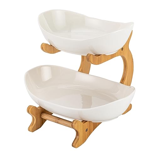 FFanhia 2-Tier Fruit Rack Ceramic Serving Bowls with Bamboo Bracket Kitchen Porcelain Fruit Bowl for Vegetable Storage,Snack Dessert Cake Tray Plate Rack for Party Wedding