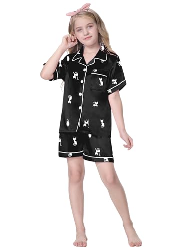 Schbbbta Girls 3 Pieces Pajamas Sets Silk Satin Sleepwear Button Down Short Sleeve Pjs Outfits2
