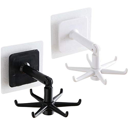 Goeielewe キッチン用品ホルダーフック 2個 高耐久 プラスチック 粘着フック 360度回転可能 折りたたみ式壁ハンガーラック 6つのフック付き キッチン バスルーム オフィス用