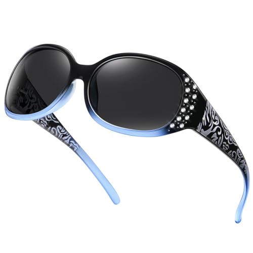 HAOLOTA Polarized Sunglasses for Women, Rhinestone Wrap Around Sunglasses with UV400 Protection A03 Gradient Blue Frame Grey Lens