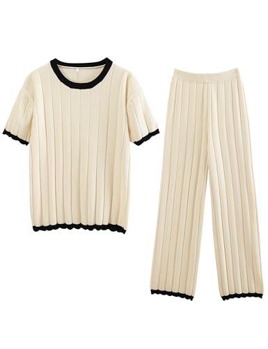Image of Lumister Two Piece Sets for Women Sweater Sets Short Sleeve Knit Pullover Tops Wide Leg Pants Lounge Sets