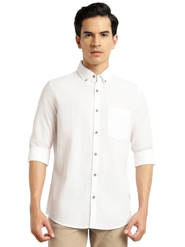 Image of Thomas Scott Men's | Slim Fit | Striped Design | Button-Down Collar | 100% Cotton Casual Shirt for Mens
