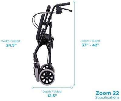 Diagram showing folded dimensions of the NOVA Zoom 22 Rollator Walker, including width folded, depth folded, and height folded.