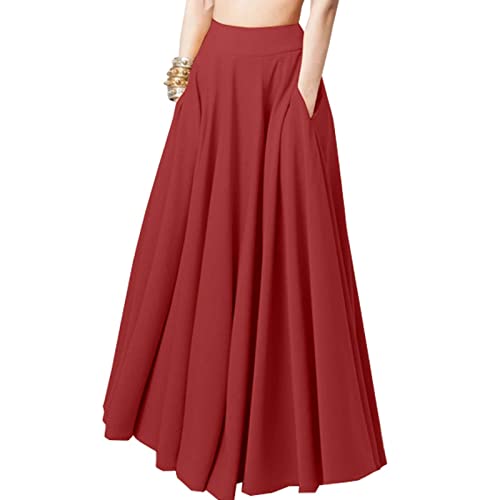 Borniu Maxi Skirts For Women High Waist A-Line Pockets Skirt Casual Flared Plain Pleated Long Length Skirts #TOP20
