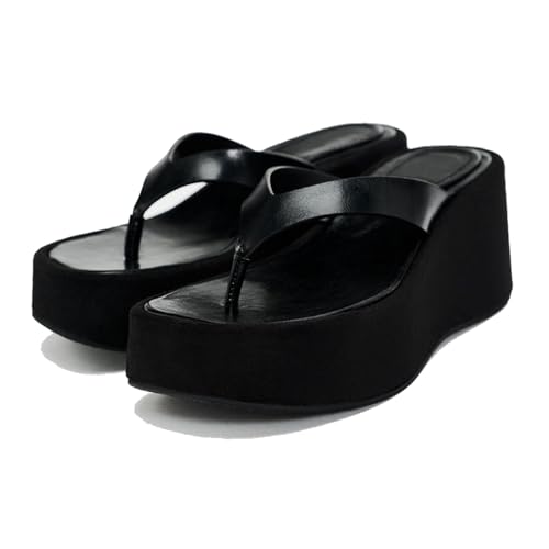 Women's Leather Wedge Flip-Flops Fashion Comfortable Open Round Toe Slip On Non-Slip Platform Thong Sandals Summer Casual Beach Walking Slides