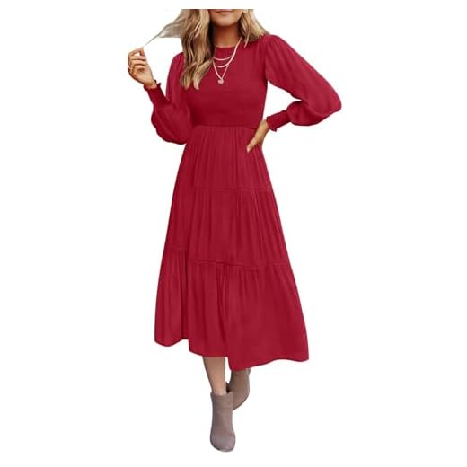 ZESICA Women's 2023 Casual Long Sleeve Crew Neck High Waist Smocked Flowy Tiered Midi Dress,Red,Large