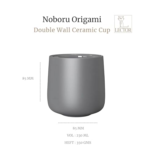 Image of LECTOR Noboru Origami Double Walled Ceramic Cup | 230ml Insulated Coffee Mug for Hot & Cold Coffee, Espresso, Tea & Drinks | 85mm Height | Stylish & Durable | Microwave Safe (Pack of 1) (Grey)