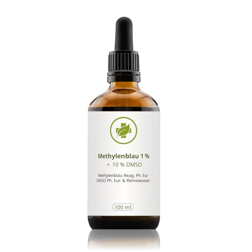 vitalundfitmit100 Methylenblau 1% in 10% DMSO-Lösung - 100 ml Braunglasflasche mit Glas-Pipette - aus 99,9% Reinheit REag. Ph. Eur
