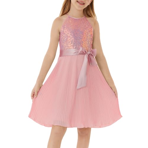 GRACE KARIN Mädchen Elegant Sommer A-Linie Kleid Neckholder Ärmellos Pailltten Kleid Hellrosa 12 Jahre