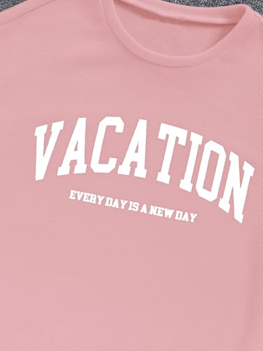 Image of Verdusa Girl's Tracksuit Sets 2 Piece Outfits Letter Print Vacation Tee Top and Drawstring Waist Shorts