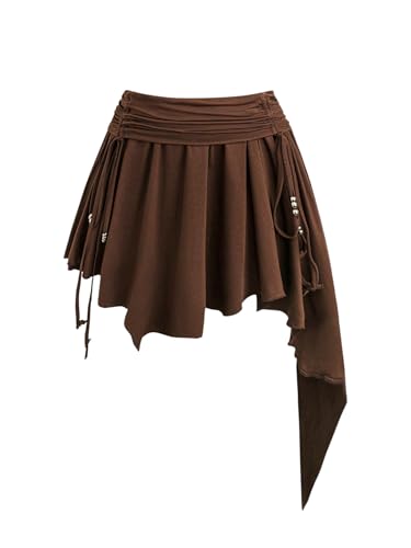 Verdusa Women's Plus Size Ruched Asymmetrical Mini Skirt Boho A Line Drawstring Ruffle Skirts