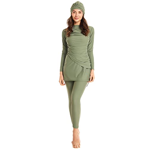 IDOPIP Womens Muslim Swimsuits Modest Swimsuits for Women Burkini Conservative Swimwear Islamic Swimming Suits 3 Piece Full Coverage Long Sleeve Rash Guard with Hijab Tops Pants Green Small