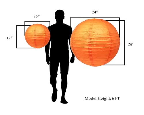 Image of Mudra Crafts 12 Inch Round Chinese Orange Paper Lanterns Hanging Decor | 10 PCs, Reusable, Indoor Outdoor Decorative Lamp Shade, for Ceiling, Wedding, Shower, Party, Festival, Home Decoration