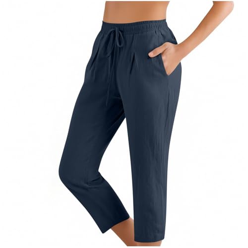Image of ABABC Linen Capri Pants for Women Casual Straight Wide Leg Capri Pant Loose Lightweight Drawstring Beach Cropped Trousers