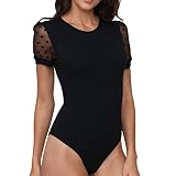 EKAMO Womens Bodysuit Round Neck Polka Dot Lace Sheer Mesh Short Sleeve Ribbed T Shirts Bodysuits Tops Jumpsuit