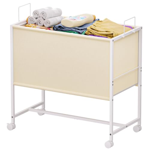 Image of Rolling Laundry Basket with Wheels,Large Capacity Laundry Basket Cart | 130L Fabric Clothes Hamper Organizer Cart for Laundry Room Bedroom Bathroom Dorm,White