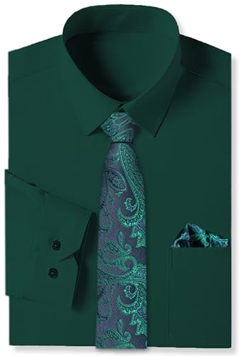 Cromoncent Mens Long Sleeve Dress Shirt and Tie Set Suit Shirt with Matching Tie and Handkerchief
