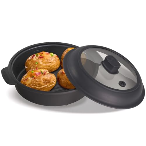 Microwave Grill Pan Fry Griddle Crisper Pan with Lid for Grilling Browning and Crisping Foods Microwave Silicone Cookware for Baked Potato Meat Sandwich Vegetable Dark Grey