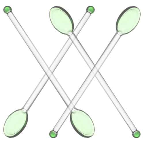 Housoutil Lot de 4 Cuillères à Café en Verre Transparent Haute Température Manches Longs Verts Cuillères à Dessert Mélanger pour Café Lait et Boissons Polyvalentes Cuisine et Bar
