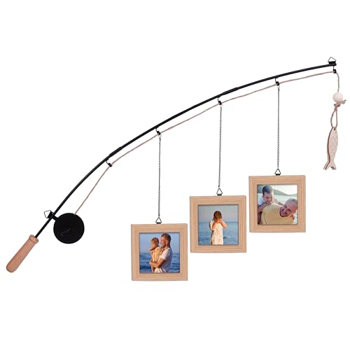 ZeenArt Fishing Pole Picture Frame - Fishing Wall Decor with 3-Pack 4' x 4' Wood Frames for Lake Cabin Farmhouse