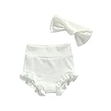 GOOCHEER 2Pcs Newborn Infant Baby Girl Solid Ruffle Bloomer Shorts +Headband Basic Cute Short Pants Summer Outfits (A-White, 0-3 Months)