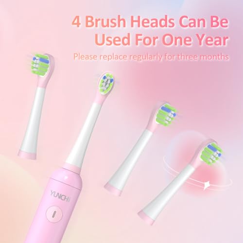 YUNCHI Kids Electric Toothbrush, Rechargeable Kids Toothbrushes with Timer, lPX7 Waterproof Toddler Toothbrush Funny DIY Stickers with 4 Brush Head Tooth Brush K5 (Pink) - Image 6