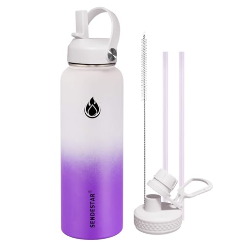 Image of SENDESTAR Water Bottle 32oz Double Wall Vacuum Insulated Leak Proof Stainless Steel Sports Water Bottle-Wide Mouth with New Flex Straw Lid & Spout Lid (White&Voilet)