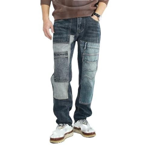 Men’S High Street Heavy Duty Color Block Loose Fit Wide Leg Denim Pants Zipper Fly Midweight Multi Pocket Full Length Jeans