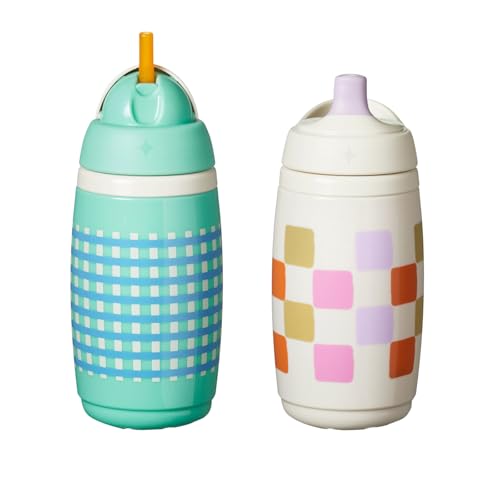 Tommee Tippee Active Straw Toddler Cups 9 oz Insulated Sippy Cups For Toddlers 1-3 Silicone Straw and Leak-Proof Valve Mint and Beige Pack of 2