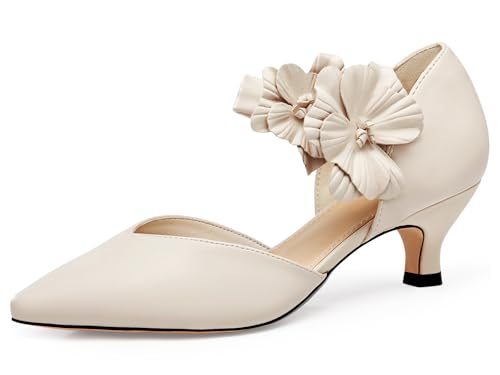 Coutgo Womens Low Kitten Heels Dressy Shoes Comfortable Closed Toe Flower Slip on Formal Party Dance Heeled Pumps, Beige, Size 8