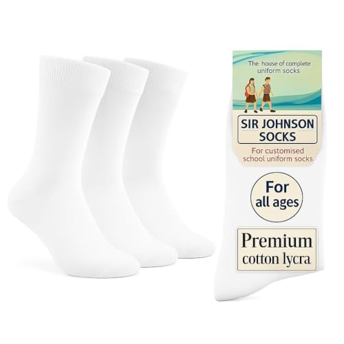 Image of Sir Johnson Socks White School Socks for Girls, Boys & Kids - (Pack of 3) - Plain White Calf Length Uniform Socks - Classic Cotton Lycra - Heavy Elastic, Comfortable Fit