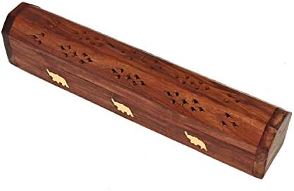bramble & jones Leaf-Solid Wood Wooden Incense Joss Sticks Storage Box with Built in Ash Catcher and Cone Burner, Brown, 33.8 x 7.2 x 7.2 cm