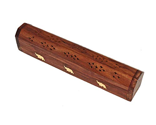 Bramble & Jones Leaf-Solid Wood Räucherstäbchen-Aufbewahrungsbox aus Holz, mit eingebautem Aschefänger und Kegelbrenner, Braun, 33,8 x 7,2 x 7,2 cm