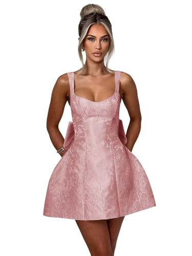 Image of V Neck Satin Short Homecoming Dresses with Bow Dusty Pink Backless Ruched Lace Up A Line Mini Tight Cocktail Party Prom Gown for Teens 2025 US2